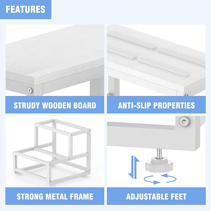 LIANTRAL 2 Step Stool for Adults Kids, Heavy Duty Sturdy Steel Frame with Wooden Steps, Bedside Foot Stool with 500lbs Load Capacity, Non-Slip Step Stool for High Bed, Kitchen, RV Step - White