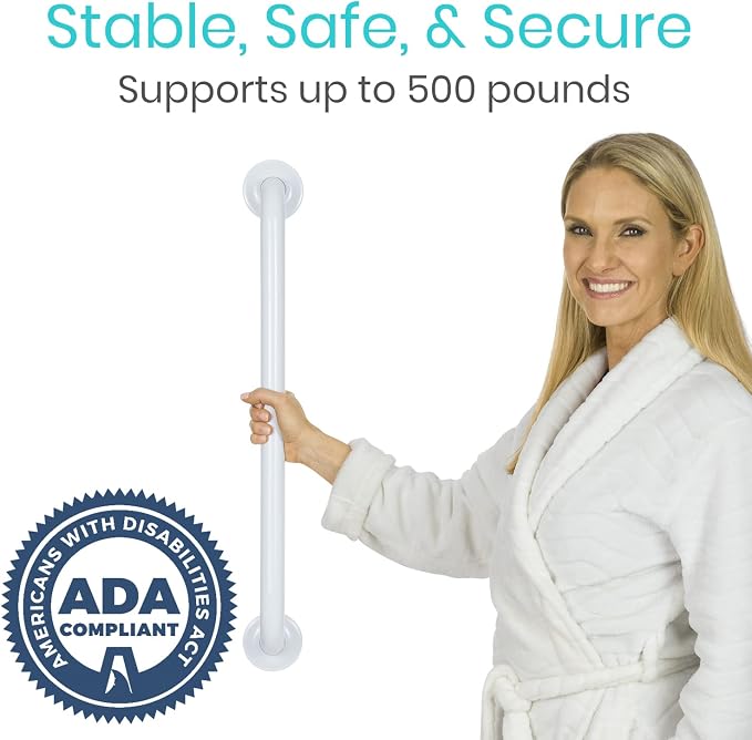 Vive Grab Bar for Showers - Bathroom Antislip Handrail for Seniors, Elderly Assistance Product, Heavy Duty Shower Handles, Handicap Grab Bars, Stainless Steel, Multipurpose, 440 lbs (White)