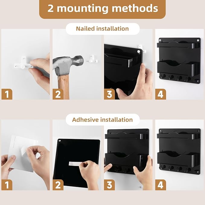 Bedside Wall Shelf with Glasses Hooks ，Adhesive Bedside Organizer Wall Mount for Dorm and Room Accessories Phone，Remote，Earphone， Kindle (Black)