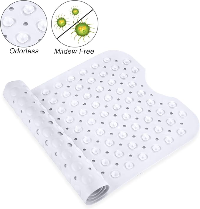 YINENN Bath and Shower Safety Mats 40x16 inch, Non Slip with Suction Cups for Bathroom Stall and Tub Floor, Extra Large and Machine Washable, Drain Holes Keep Bathtub Clean, White
