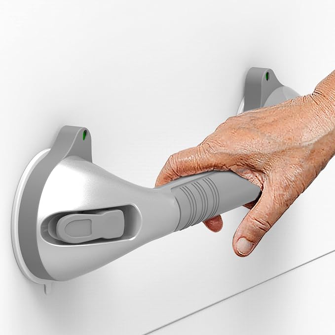 17-inch Suction Shower Grab Bar with Indicators, Tool-Free Installation, Steady Handle for Balance Assist for Bathtub,Bathroom,Toilet, Dual Tone Silver/Grey