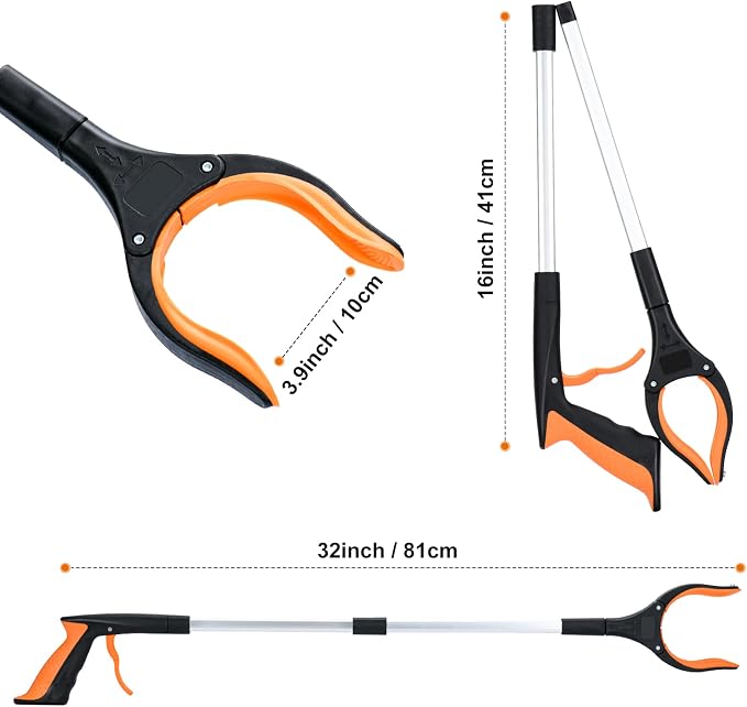 2-Pack Grabber Reacher Tool,32 Inch Extra Long Foldable Pick Up Stick with Strong Grip Magnetic,360°Rotating Anti-Slip Jaw,Trash Claw Grabber Tool,Trash Picker Tool for Outdoor & Indoor (Orange)