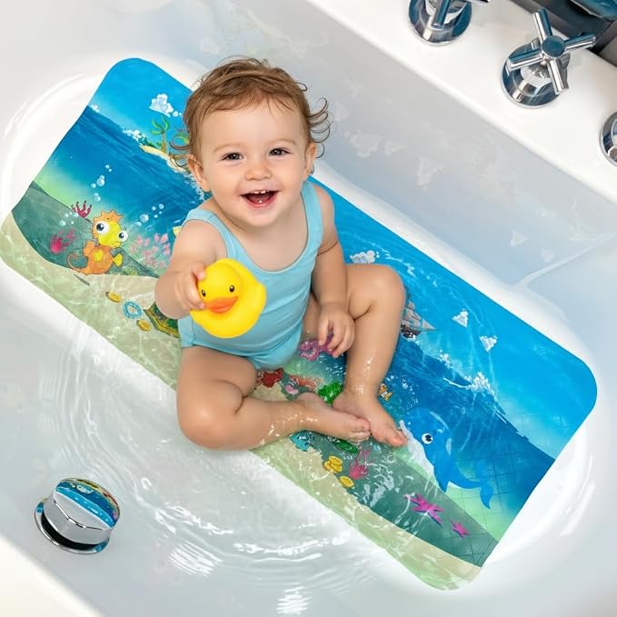 BEEHOMEE Bath Mats for Tub Kids,Baby Toddler - Large Cartoon Non-Slip Bathroom Bathtub Anti-Slip Shower Mats for Floor 35x15,Machine Washable XL Size Bathroom Mats (Ship)
