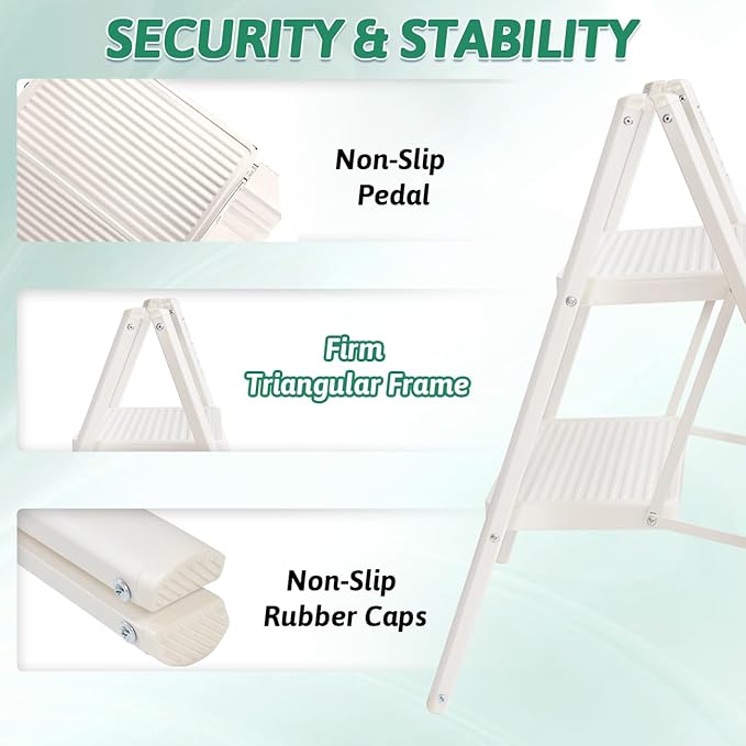 2 Step Ladder Folding Step Stool, Heavy Duty 330 Lbs Load Stepladder, Small Kitchen/Closet Ladder for Adults/Kids, Lightweight Step Ladder 2 Step Folding with Anti-Slip Wide Pedal for Home Off White