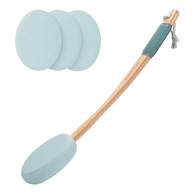 AmazerBath Lotion Applicator for Back, Feet, 4 Replacement Pads with 17" Curved Handle, Back Sunscreen Applicator for Kids, Elderly, Women, Apply Skin Cream Medicine Moisturizer Tanner, Sky Blue