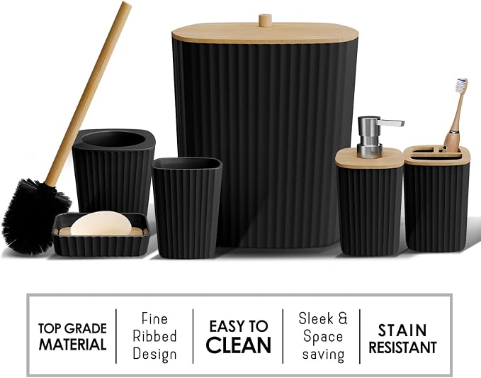 Clara Clark Bathroom Set - Black Bathroom Accessories Set, 6PC Bathroom Accessory Set, Bathroom Sets with Bathroom Rugs, Toilet Brush, Trash Can & Soap Dispenser