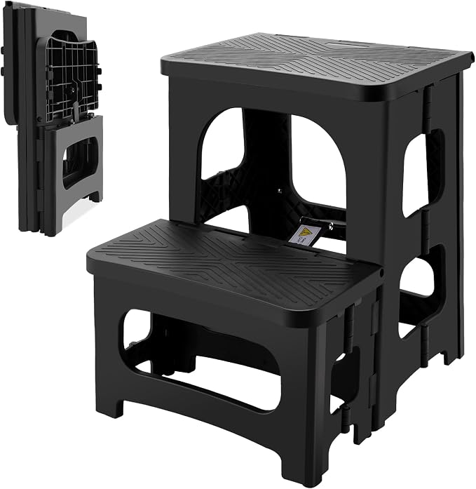 Folding 2-Step Stool for Adults, Non-Slip Collapsible Footstool for Office, Portable Bedside Step Stool, Hold up to 300 lbs, Lightweight & Foldable Step Ladder for Pool Office Home RV