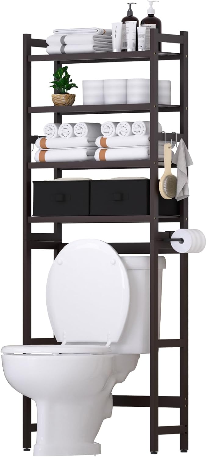 Cozivolife Over The Toilet Storage: 4-Tier Bamboo Organizer Rack with 2 Baskets & Paper Holder & 4 Hooks & Waterproof Feet Pad, Adjustable Freestanding Shelf for Bathroom (Brown)