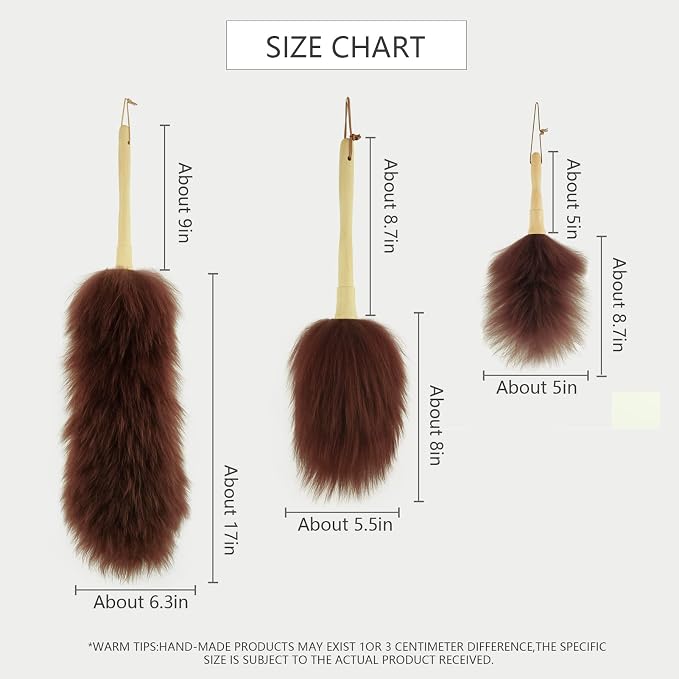 Lambswool Duster 16'' Length Solid Wooden Handle Leather Hang Strap for Cleaning Ceiling Fans Window Blinds Computer Furniture Figurines TV Natural Feather Duster,Brown