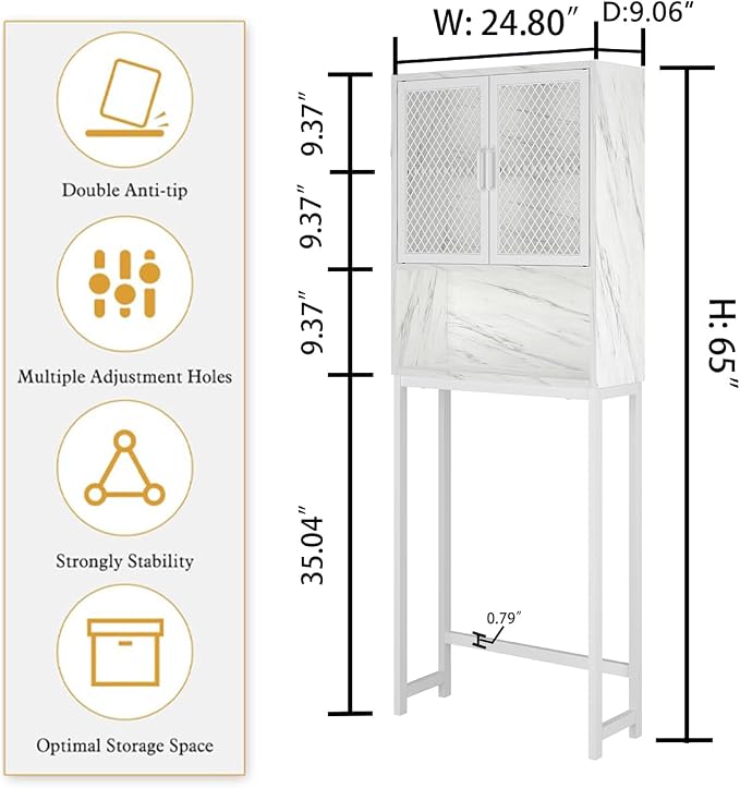 Launica Over the Toilet Storage Cabinet, Over Toilet Bathroom Organizer with Mesh Doors and Shelves, Freestanding Bathroom Storage Cabinet Above Toilet, Wood and Marble, White Marble