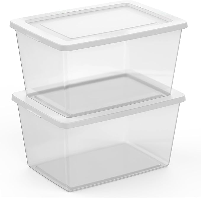 Sterilite 6-Pack Clear Storage Box, Stackable Container Bins with Lids, 58 Qt, White – Plastic Containers for Home, Closet, Bathroom, and Office Organization