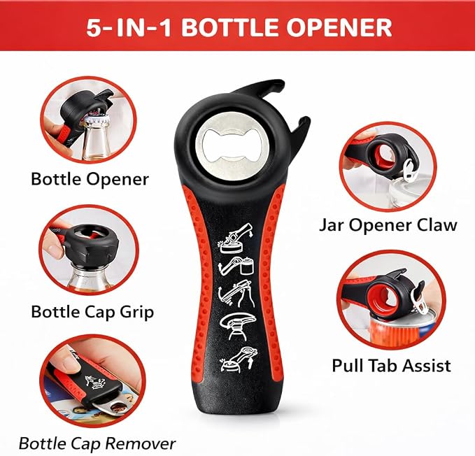 4-in-1 Multi-Function Bottle Opener Set for Jars, Bottles and Wine with Non-Slip Grip (Black + Red)
