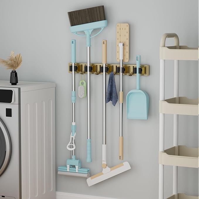 reliahom Broom Holder Wall Mount, 5 Racks with 4 Hooks Bronze - Mop Storage Tool Racks, Broom Hanger Tool Organizer for Garage, Kitchen, Garden, Laundry Room