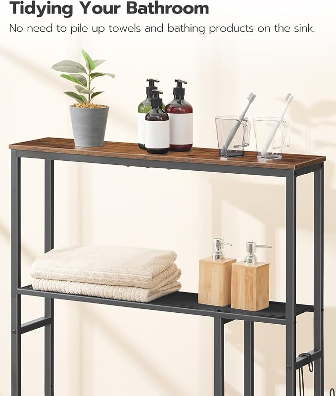 HOOBRO Over The Toilet Storage Cabinet, Freestanding Bathroom Organizer with Toilet Paper Holder, Hooks, 5-Tier Bathroom Storage Shelves for Laundry Room, Space Saver, Rustic Brown and Black BF84TS01