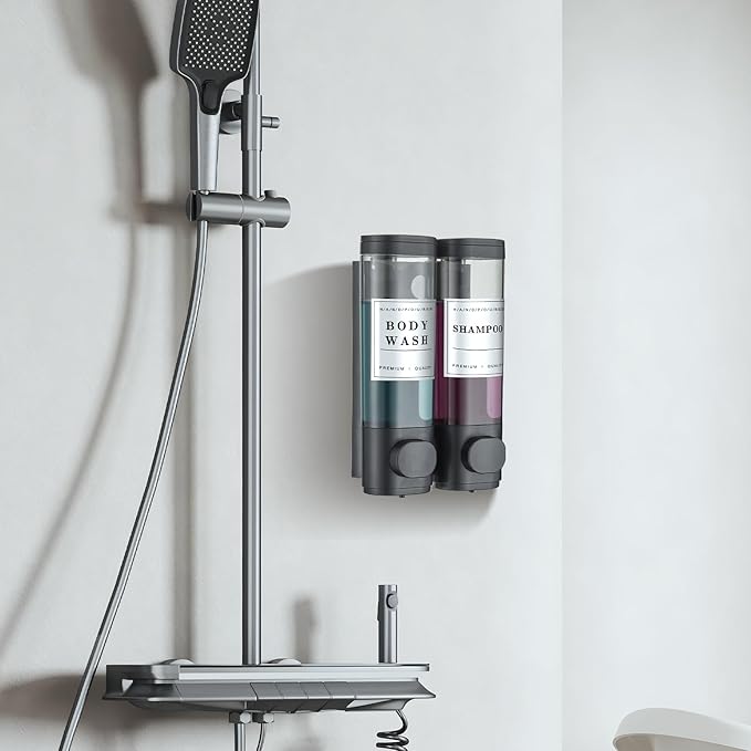 Shampoo and Conditioner Dispenser Shower Dispenser Body Wash Wall Mounted Shampoo Dispenser for Shower Wall No Drill for Bathroom Hotel 2 Chamber x 300ml Black with Waterproof Labels