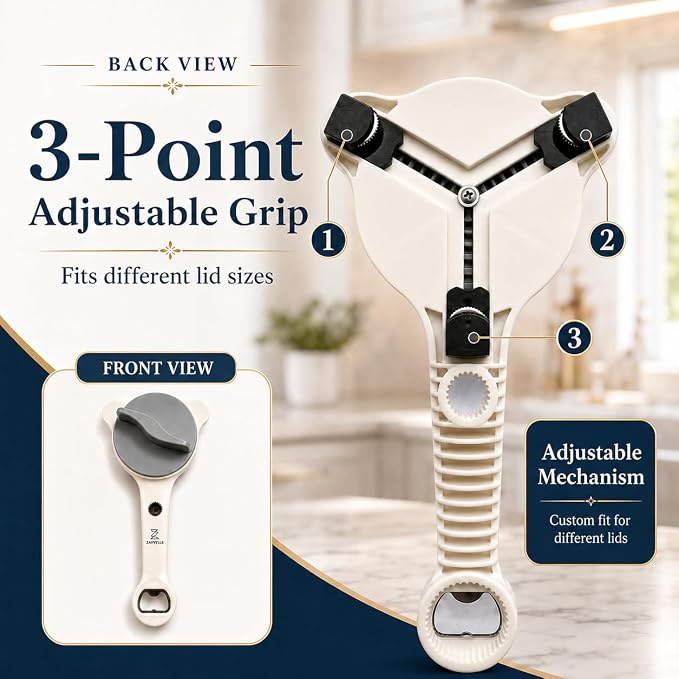 Jar Opener for Seniors with Arthritis, Easy Grip Adjustable Lid & Bottle Opener Set with Non-Slip Silicone Pad & Stainless Steel Hook, Grey