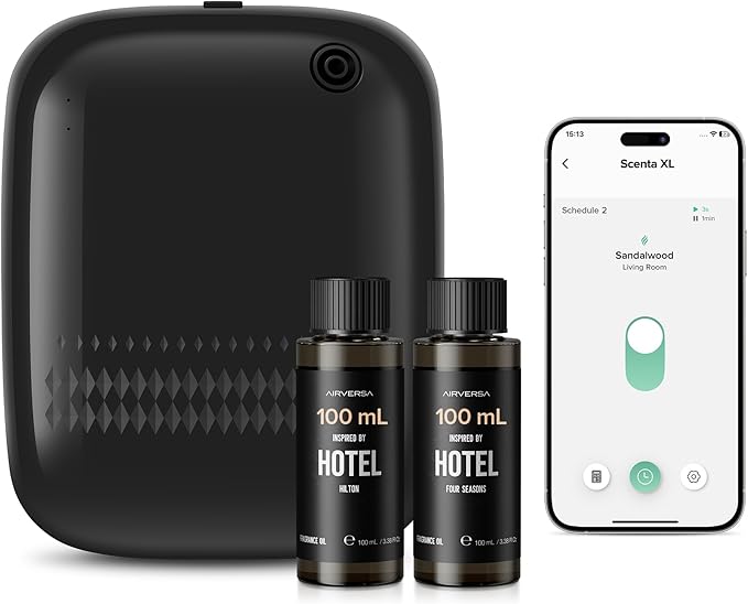 Smart Waterless Essential Oil Diffuser (400 mL Capacity) Hotel Scent Starter Kit with 200mL Fragrance Oil, Up to 2000 sq ft App Control Scent Air Machine with 12V1A Power Adapter, ANW Kit Black
