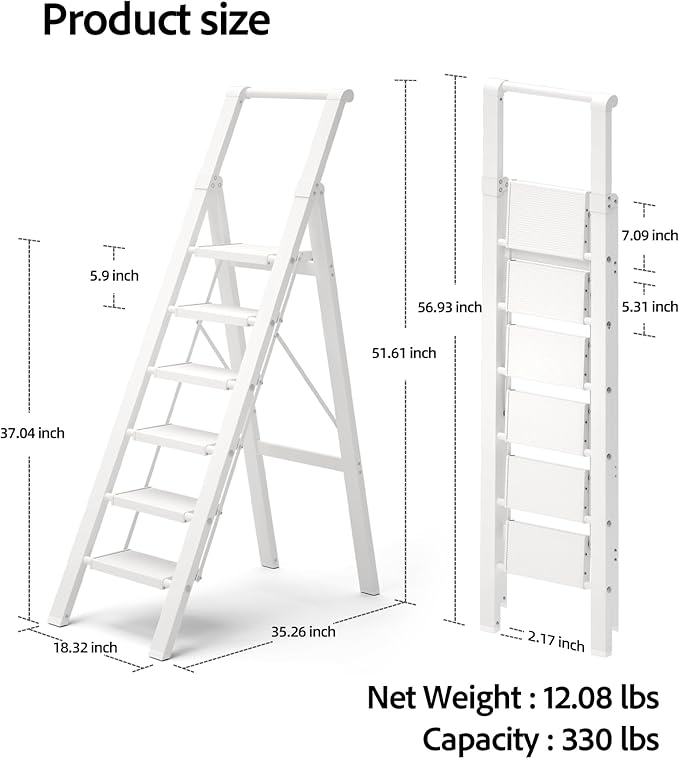 6 Step Ladder, Aluminum Folding StepStoowith Convenient Handgrip,Lightweight 330lbsCapacityStep Ladder for Household, Ofice, Kitchen(White)