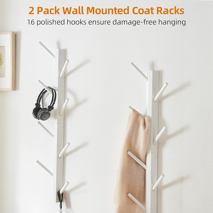 TIOPGHAD 2 Pack Coat Rack Vertical Wall Mount, Bamboo Coats Hooks Clothes Holder Hanger for Wall Coat Hat Jacket Clothing Bathroom Robes Mudroom Entryway(White)