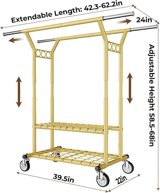 HYSEYY Heavy Duty Clothes Rack, Rolling Clothing Racks With Shelves Load 620 LBS, Double Rod Clothing Racks for Hanging Clothes, Portable& Adjustable Clothes Rack with Wheels Garment Rack,Gold