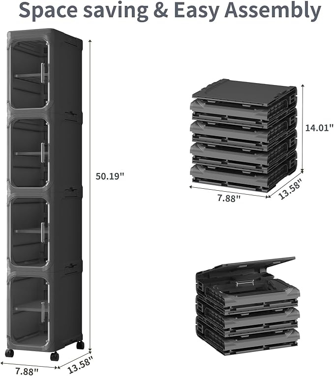 4-Tiers Slim Bathroom Storage Cabinet, Foldable Storage Cabinets,Narrow Bathroom Storage,Movable Bathroom Storage Organizer for Small Spaces,Bathroom,Kitchen,Laundry, Black