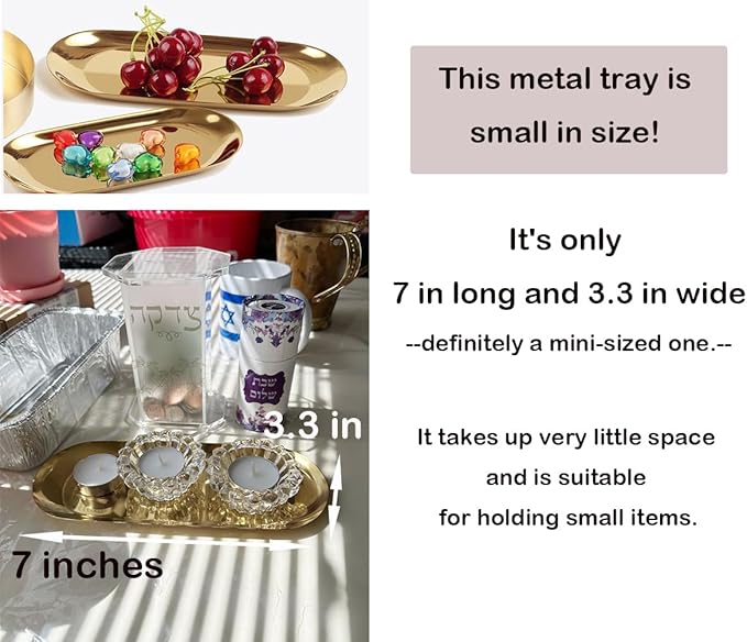 Stainless Steel Decorative Tray, Set of 2, 7 Inch Long, Jewelry Dish Cosmetics Organizer Bathroom Clutter Serving Platter Small Storage Tray, Oval, Gold