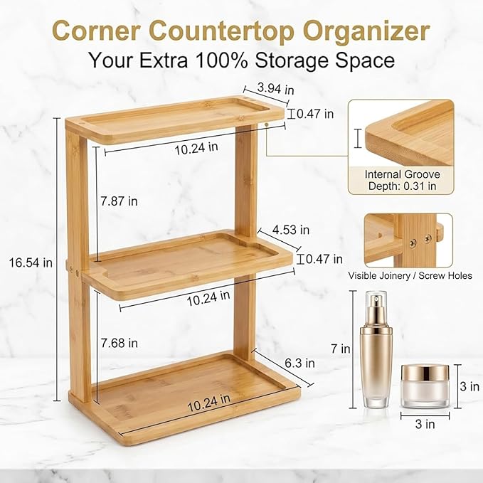 PEKER Bamboo Bathroom Organizer Countertop – Vanity Storage Shelf for Makeup, Perfume, Skincare – Natural Cosmetics Display Rack for Dresser, Sink, Kitchen – Natural