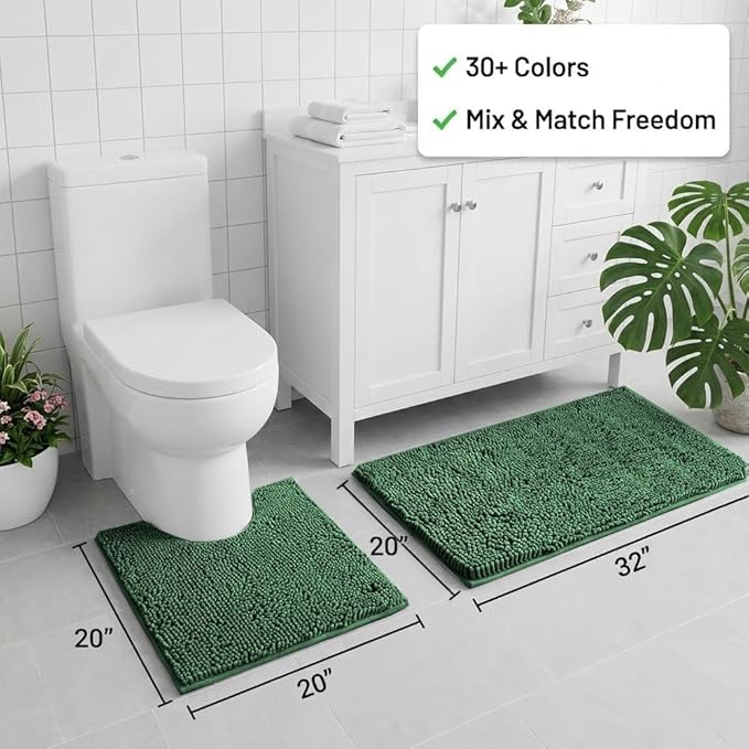 Bathroom Rugs Sets 2 Piece,Super Absorbent Chenille Bath Mats and U-Shaped Toilet Rug,Strong PVC Non Slip Backing,Microfiber Washable Dry Quickly Bath Mats for Bathroom(20"x32"+20"x20"U, Dark Green)