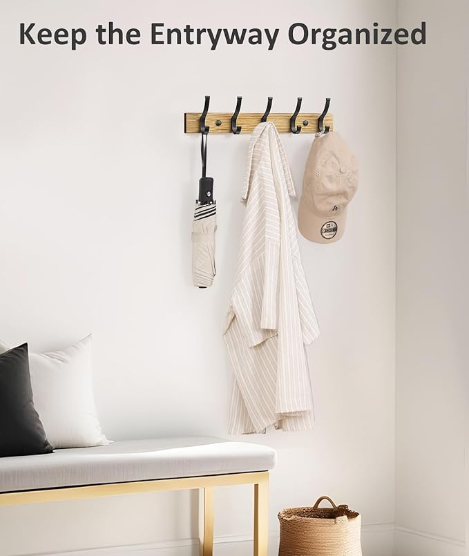 Optish Coat Rack Wall Mount, 16.5 Inches Wood Coat Hooks Wall Mount, Wall Coat Rack with 5 Hooks, Hat Rack Wall Hooks for Hanging Coat, Bag, Towel (2Pack, Natural)
