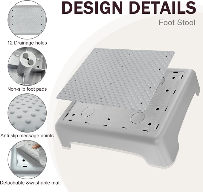 Bed Step for High Beds Adults - 3.35" Barefoot-Comfortable TPE Soft Pad Mobility Step Stool for Seniors & Post Surgery, 600lb Heavy Duty Anti-Flip Step for Car, SUV, RV & Bathroom (Grey-Grey)