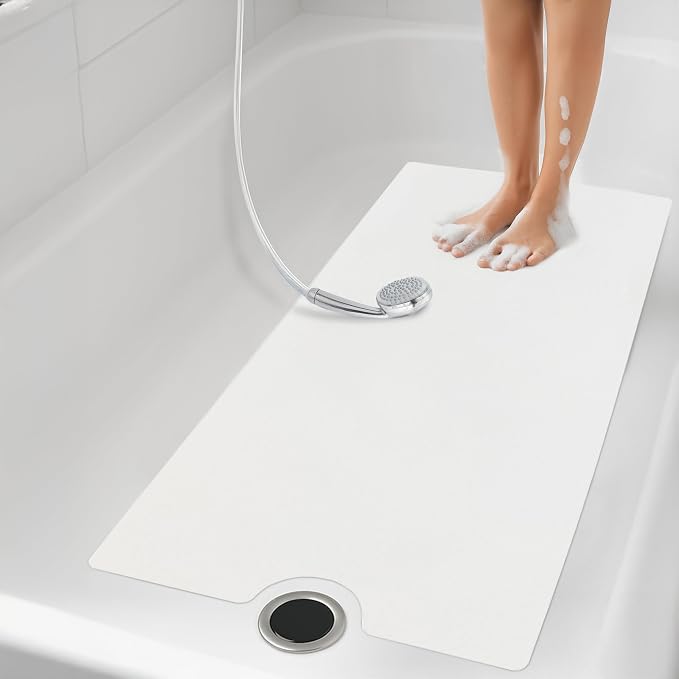 Peel and Stick Bathtub Mat - White Adhesive Vinyl Anti Slip with Drain Cut Out - Non Slip Shower Bath Mat - Extra Long Bathroom Accessory for Wet Area 16" X 40" - White