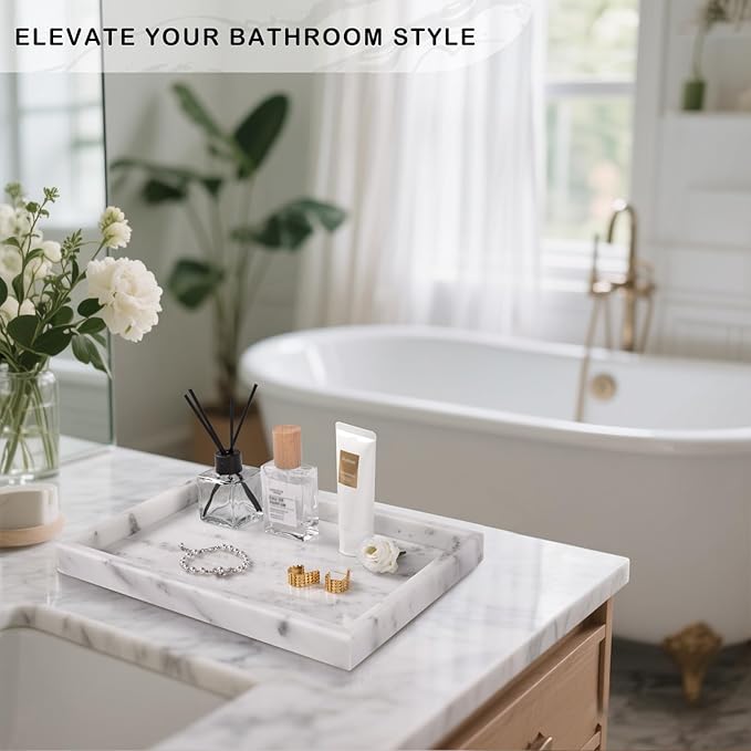 Bathroom Tray for Countertop, Marble Perfume Tray for Dresser Organizer, Marble Tray for Bathroom Counter & Home Decor, Natural Decorative Stone Vanity Trays, 12" x 8", Starry White