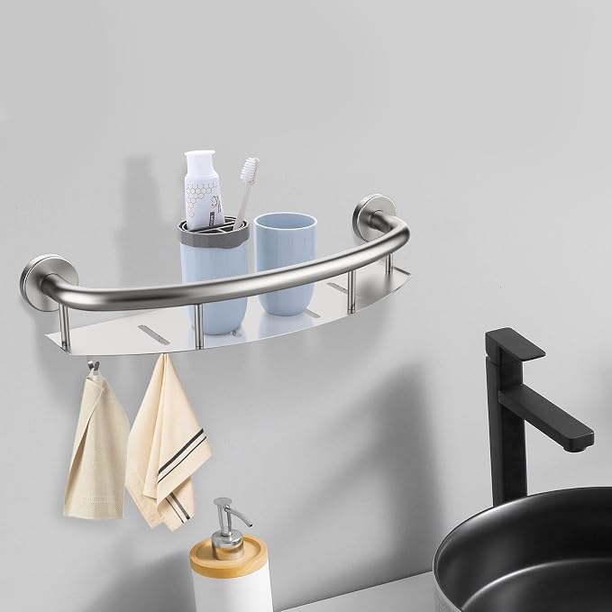 Munzong 18 Inch Shower Grab Bar w/Storage Shelf, Stainless Steel 2 in 1 Bathroom Grab Bar, Wall Mount Balance Bar, Safety Hand Rail Support Handicap Elderly Injury Senior Assist Bath Handle