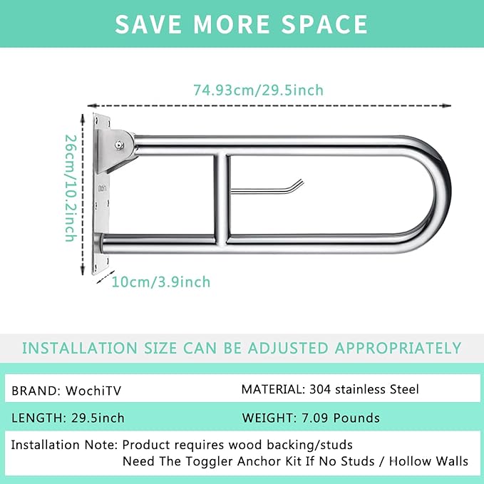29.5 INCH Stainless Toilet Safety Rails,Disabled Flip-Up Bathroom Grab Bar with Paper Holder,Toilet Handrails Hand Grips Handle Shower Assist Aid, WochiTV Handicap Grab Bars for Elderly