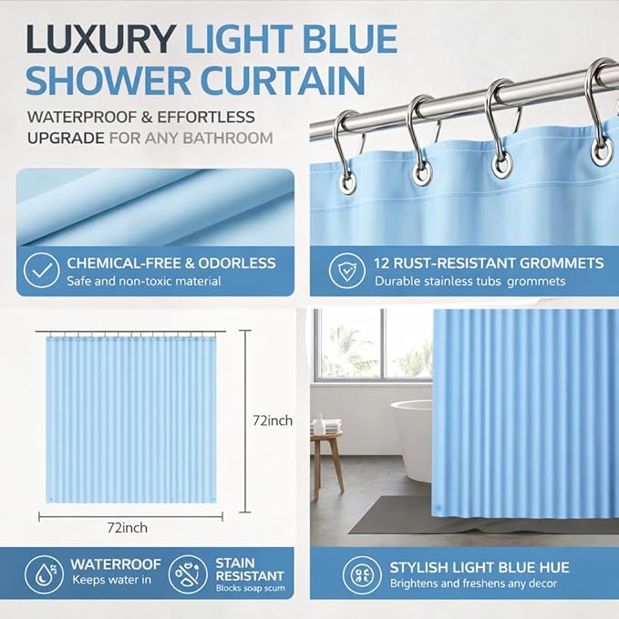 EHZNZIE Light Blue Shower Curtain Liner 72x72, PEVA Waterproof Bath Curtain, No Chemical Smell, 3 Weighted Magnets, Durable with Rustproof Metal Grommets