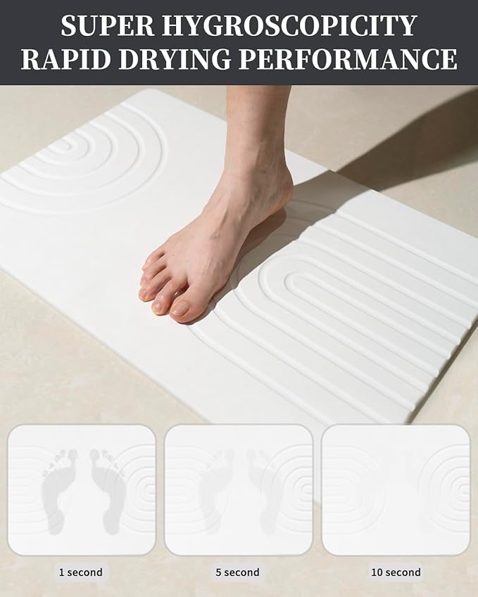 Stone Bath Mat 24"x16" - Diatomaceous Earth Shower Mat, Quick Dry, Anti-Slip, Modern Design with Bonus Non-Slip Pad - Perfect for Home Safety and Style, White,Semicircle