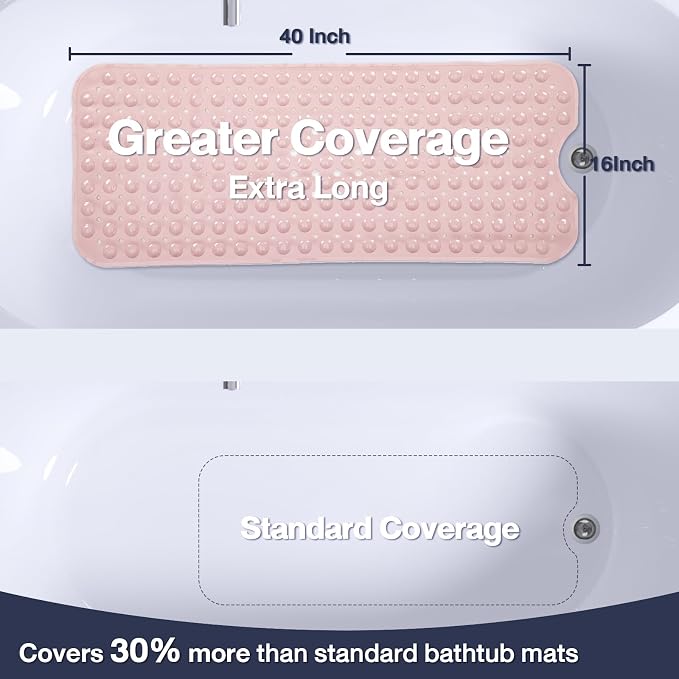 Extra Long Pink Bathtub Mat Non Slip, Soft Bath Mat for Tub 40 x 16 Inch Full Size, Bath Tub Shower Mats for Bathroom Floor, Big Suction Cups and Drain Holes, Easy Washable, BPA Free