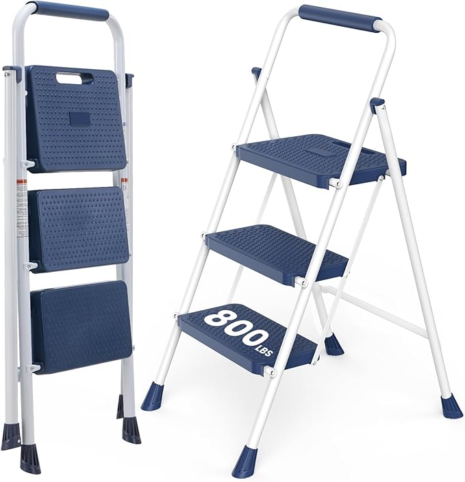 OLIXIS 3 Step Ladder, 880lbs Heavy Duty Sturdy Step Stool with Anti-Slip Pedal & Comfortable Handrail, Portable Step Stool for Kitchen, Garage & Outdoor Use, Blue