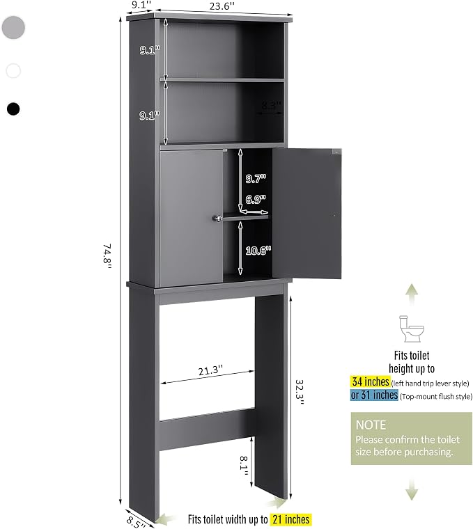 Over the Toilet Storage Cabinet for Bathroom, 75in Over Toilet Cabinet Freestanding Storage Organizer, Space Saver with Doors and Adjustable Shelf, Grey