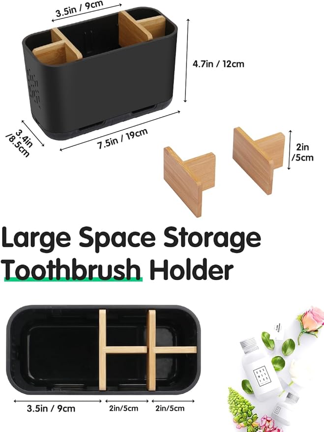 GFWARE Black Toothbrush Holder, Bamboo Toothbrush and Toothpaste Holder with Drainage, Electric Kids Matte Black Toothbrush Holders Set Organizer for Bathrooms Countertop Accessories Storage
