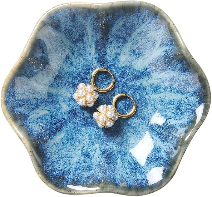 Lotus Leaf Shape Ring Holder Dish, Small Key Bowl, Ceramic Trinket Tray Jewelry Dish Organizing Necklace Earrings for Mom Friend Sister. All Jewelries Are NOT Included. Light Blue.
