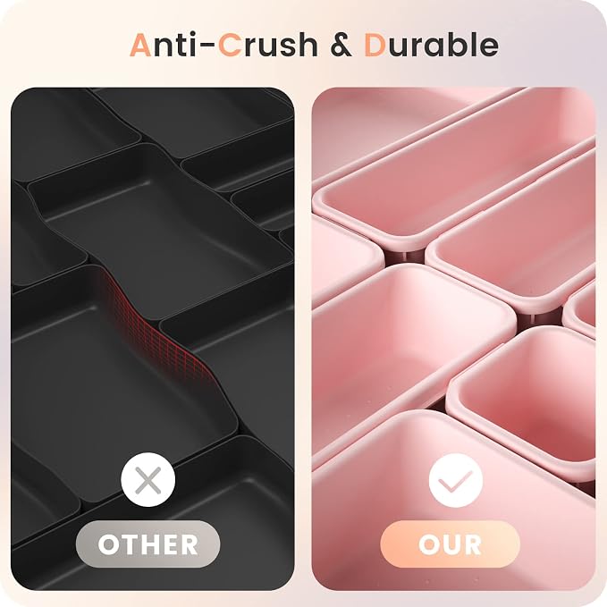 A-LuGei 【Military Grade Drawer Organizer, 【𝟱𝗦𝗶𝘇𝗲】 Makeup organizer, 【Holds 177 Items】 Bathroom Organizers and Storage, Organization and Storage, Desk Drawer Organizer for Vanity (Pink)