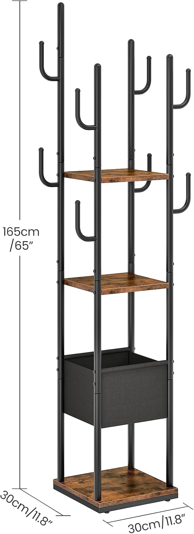 CHOEZON Coat Rack Freestanding, Coat Rack with 3 Shelves, 8 Hooks and 1 Fabric Pouch, Square Coat Hanger Stand, Metal Clothes Tree for Living Room, Bedroom, Entryway, Rustic Brown and Black TYM03BF