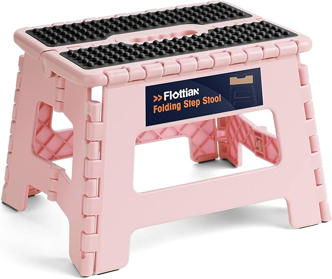 Flottian 9" Folding Step Stool for Adults and Kids Holds Up to 300 lbs,Non-Slip Folding Stools with Portable Handle, Compact Plastic Foldable Step Stool for Bathroom,Bedroom, Kitchen Sakura Pink