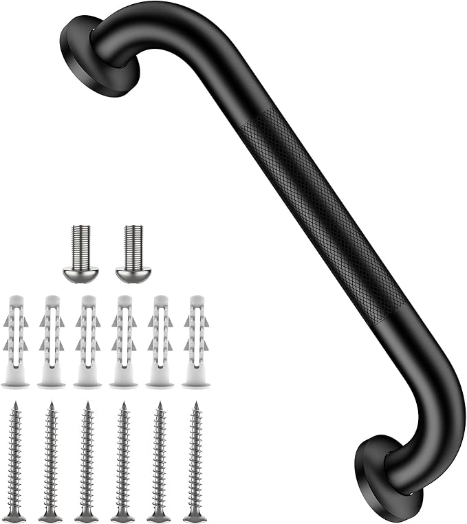 Black Grab Bar 12 Inch, iHansee Anti-Slip Bathroom Grab Bar w/Knurled Grip, Stainless Steel Safety Handrail for Toilet, Bathtub, Shower for Senior Elderly, Wall Mounted Matte Black Handicap Bars