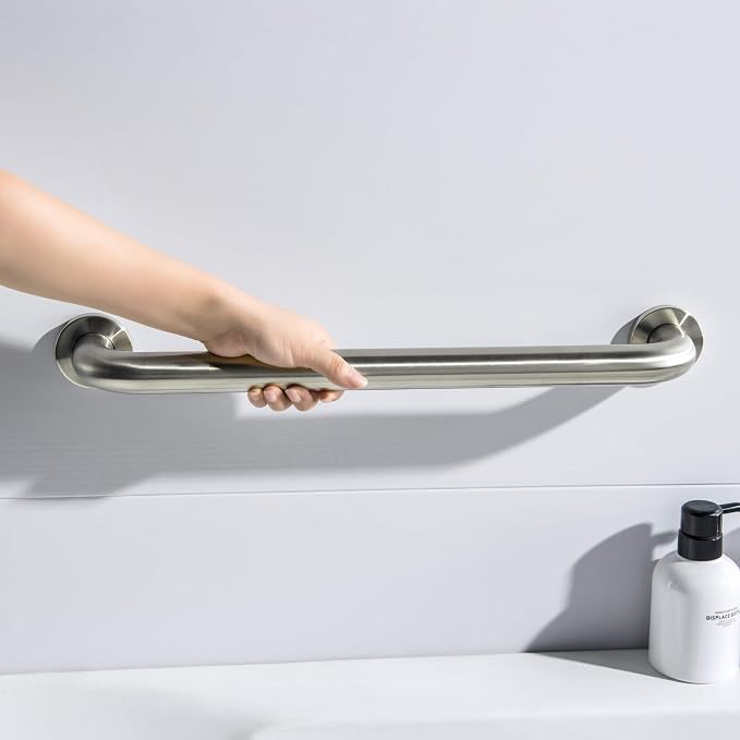 KIBI 18 Inch Stainless Steel Bathroom Safety Grab Bar | Curved Shaped Grab Bar for Bathtubs and Showers, Shower Safety Grab Bars for Seniors, Wall Mounted Anti-Slip Support (Brushed Nickel, KGB1018)