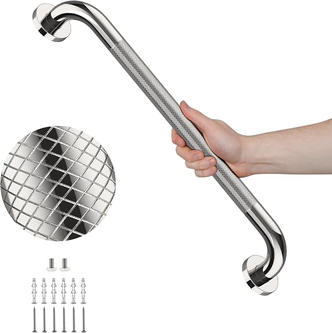 Anti Slip Shower Grab Bar 32 Inch, YuanDe Chrome Stainless Steel Bath Grab Bar, Knurled Bathroom Safety Rail, Shower Handrail Support, Handicap Elderly Balance Assist Handles-1.25" Diameter