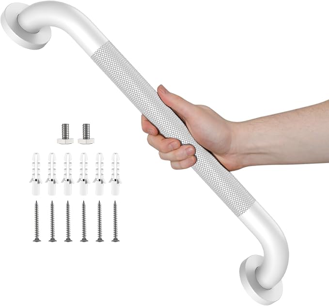 White Grab Bar 20 Inch, iHansee Anti-Slip Bathroom Grab Bar w/Knurled Grip, Stainless Steel Safety Handrail for Toilet Bathtub Shower, Wall Mounted Handicap Bars Handle for Senior Elderly