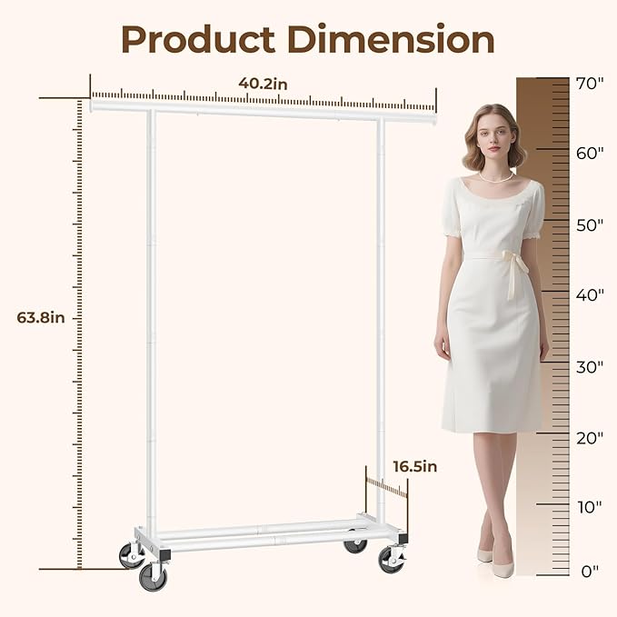 HYSEYY Clothes Rack, Clothing Rack for Hanging Clothes, Rolling Garment Rack Sturdy Coat Rack Portable Wardrobe Rack Metal Closet Rack for Bedroom Laundry Living Room, White