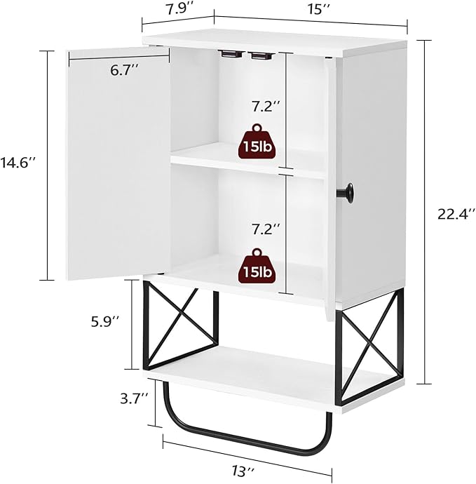 MAHANCRIS Bathroom Wall Cabinet with 2 Door and Adjustable Shelf, Farmhouse Medicine Cabinet with Towel Rack, 3-Tier Wall Mounted Storage Cabinet Over The Toilet for Bathroom Laundry Room, White